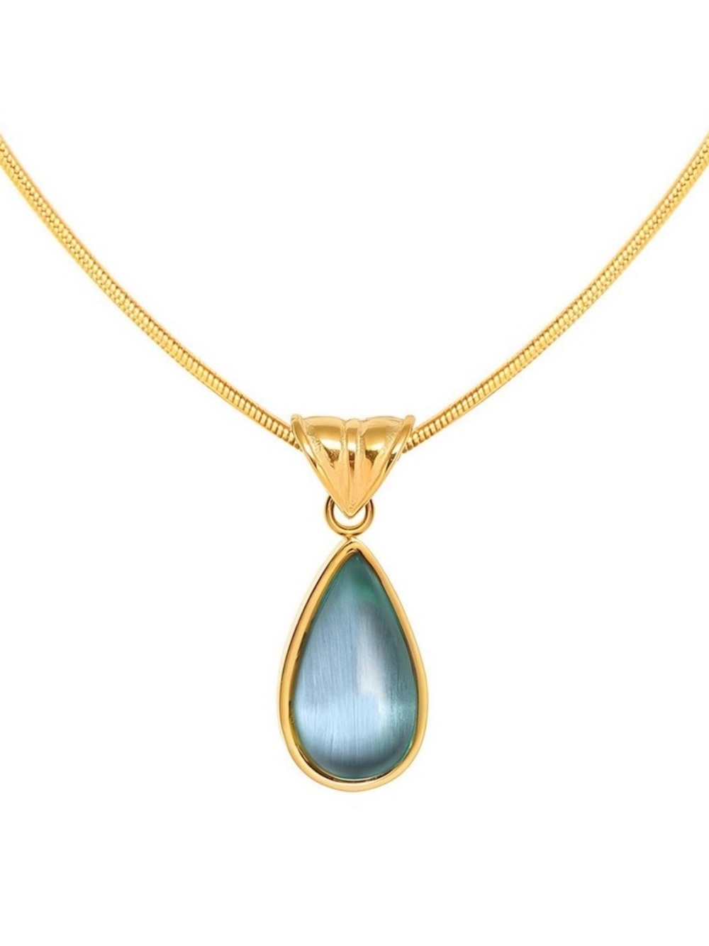 Gold Teardrop Blue Cat's Eye Pendant Necklace - Women Jewelry
